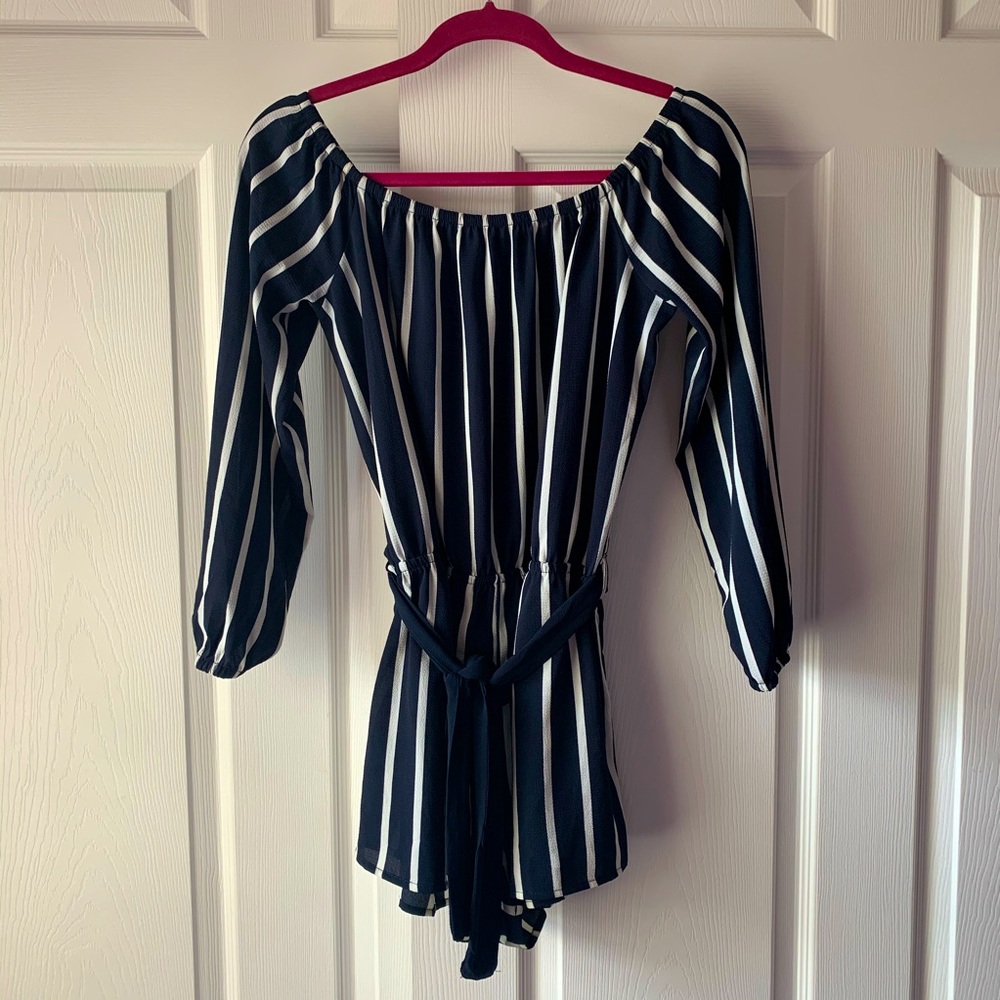 White & Blue Striped LS Off The Shoulder Romper